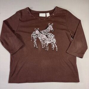 Alfred Dunner Women's Petite Medium  Zebra Rhinestone Brown 3/4 Sleeve